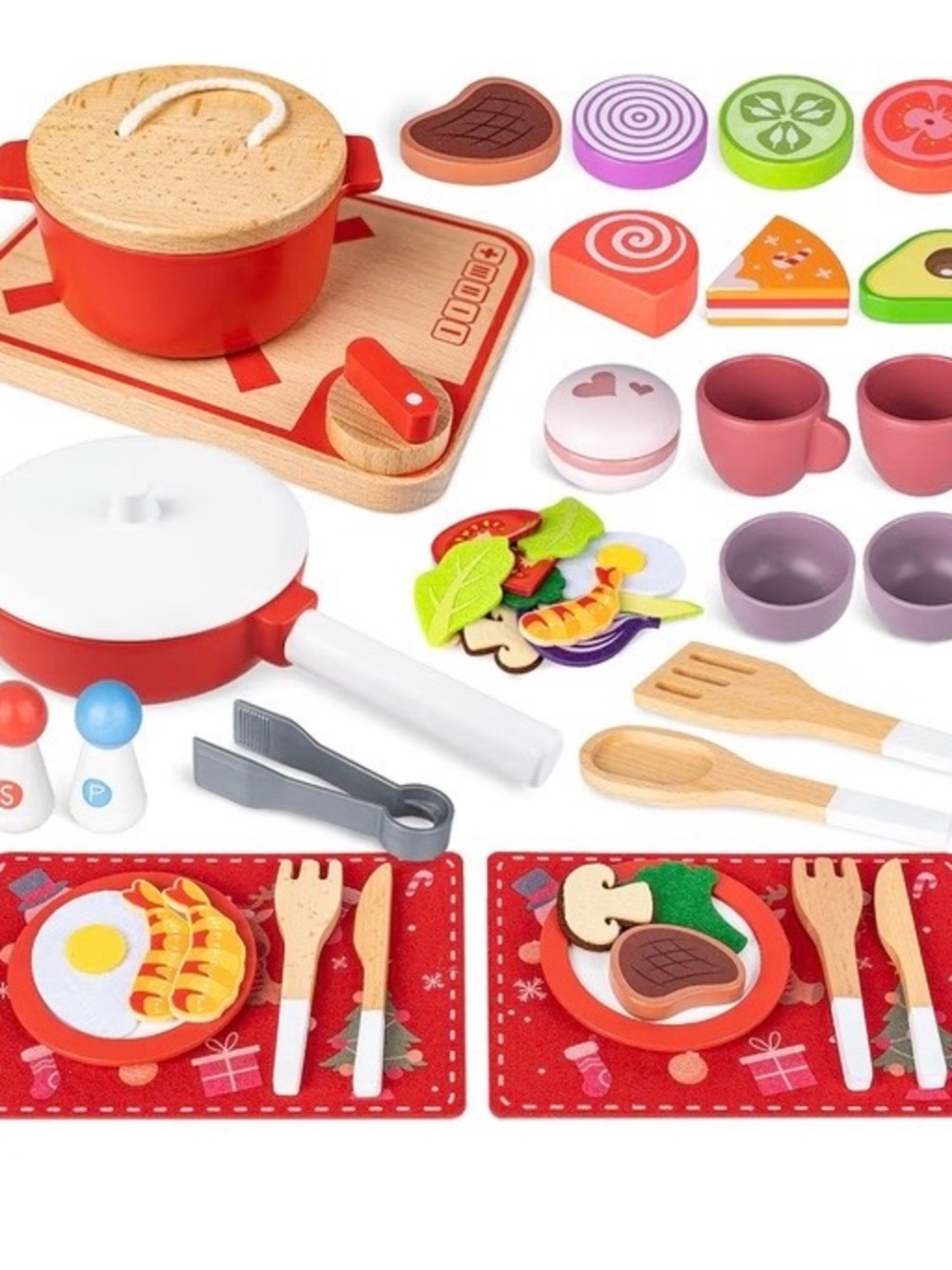 Wooden Kids Cooking Playset - Red Pretend Pan and Accessories - Picture 3 of 5